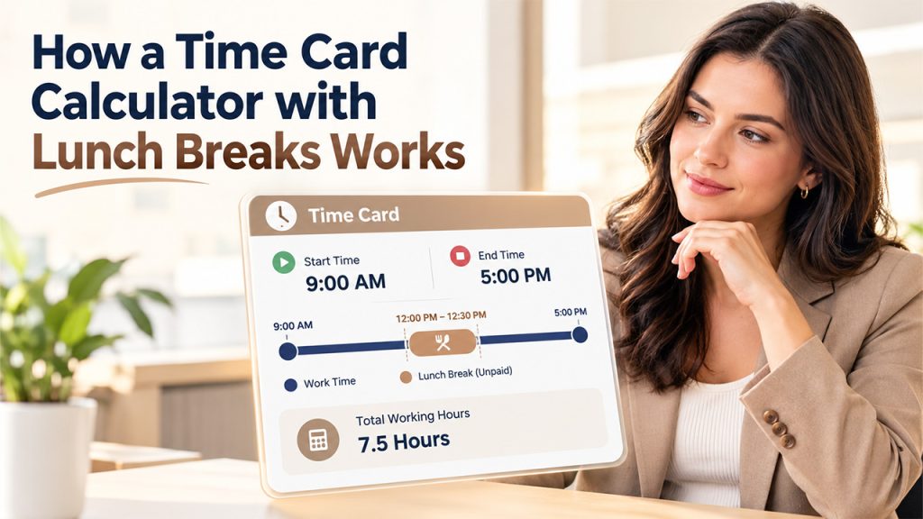 Free Time Card Calculator showing start time, end time, lunch break, and total working hours