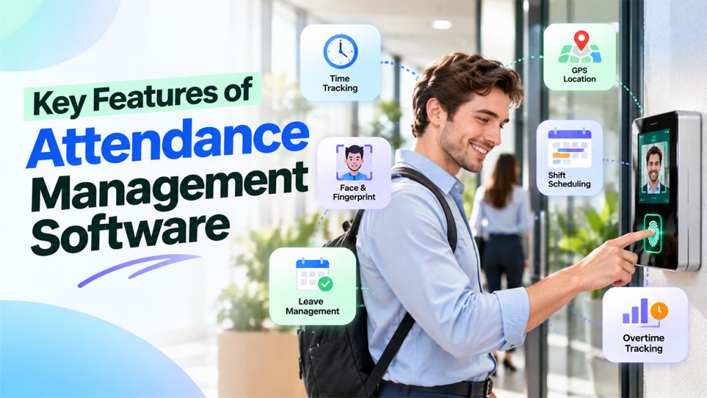 Key features of Attendance Management Software including biometric tracking, time tracking, leave management, and shift scheduling