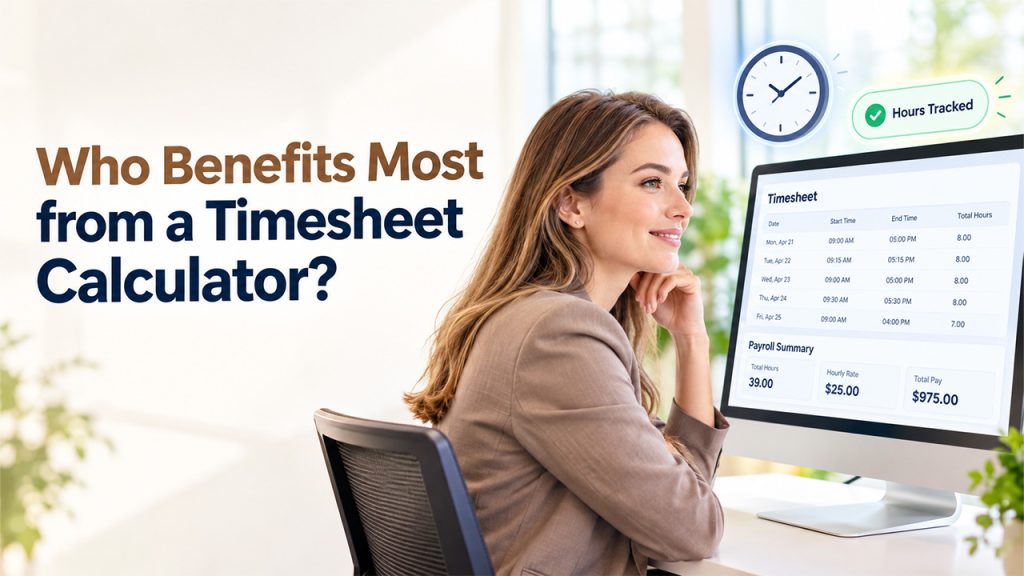 Employee reviewing a timesheet calculator showing tracked hours and payroll totals